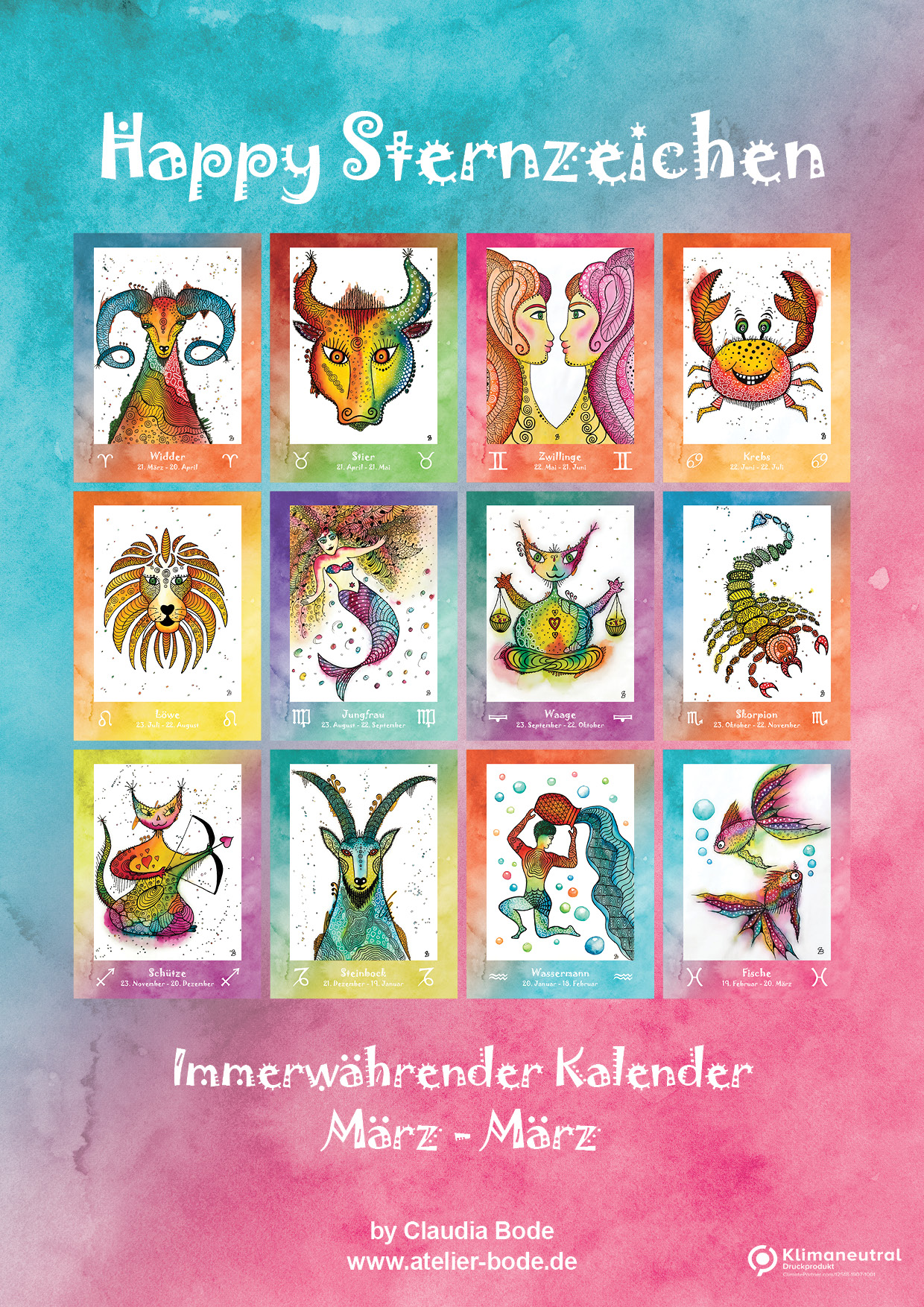 Happy Sternzeichen - immerwährender Wandkalender  Atelier Claudia Bode